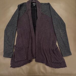 Lucky brand shawl type sweater. The color is actually 2 shades of grey.